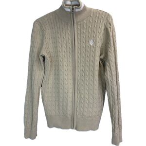 Lauren Ralph Lauren Beige Cotton Full Zip Cardigan Cable Knit Sweater Si…